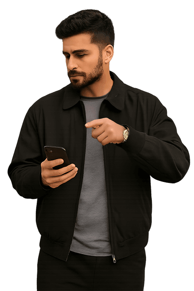 A guy pointing at his phone